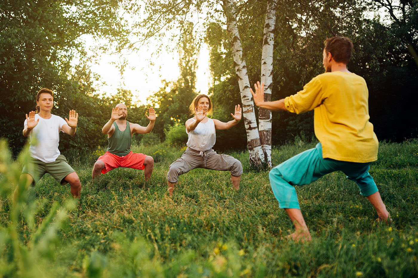 Gruppe, die Qi Gong in der Natur macht