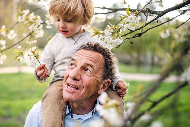 Großvater mit Enkeln auf den Schultern im Frühling draußen